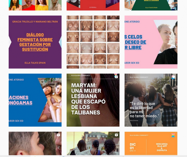 carteles de algunas de la charlas de educación sexual con la sexóloga Irene Aterido en ELLA SPAIN durante 2021